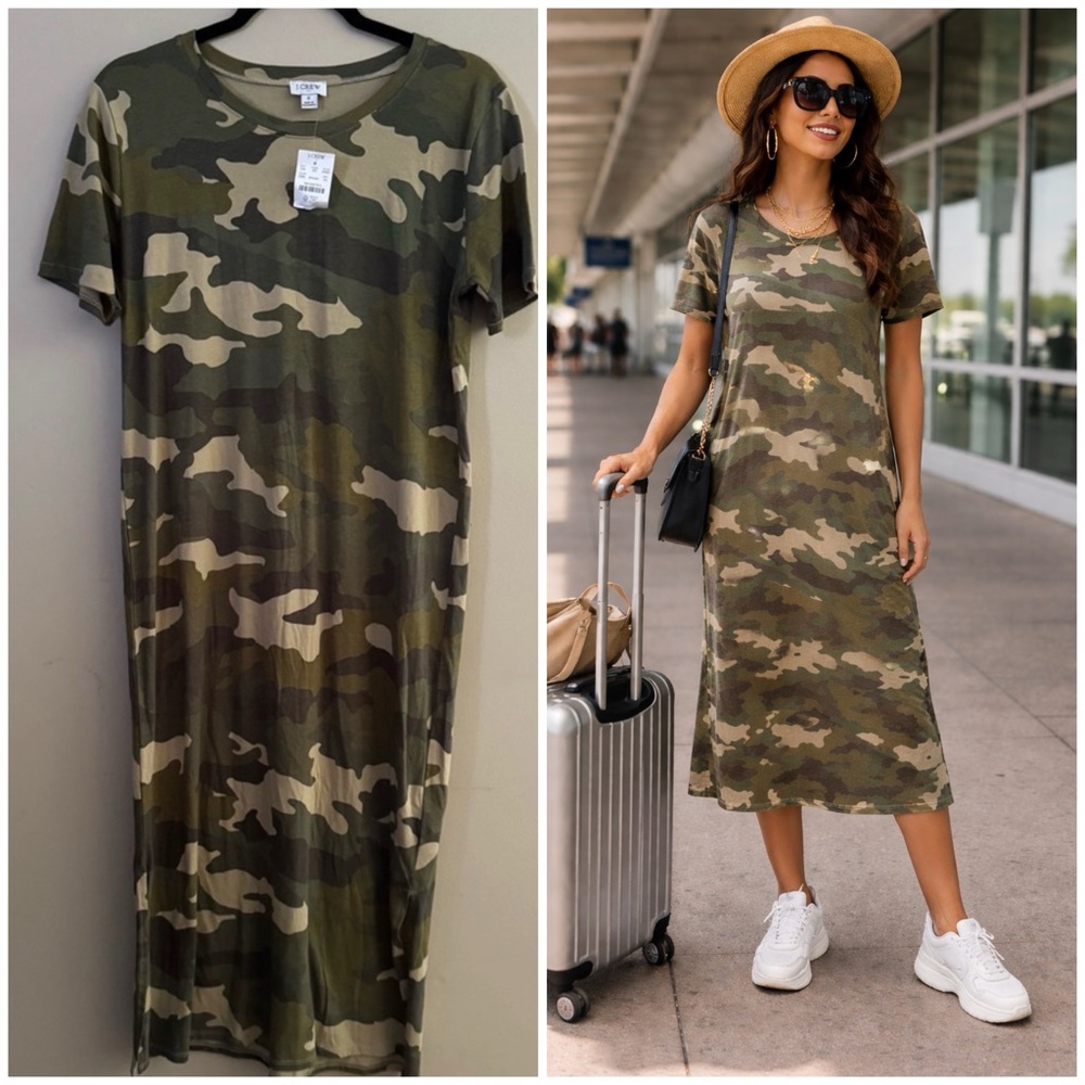 J. Crew Camo 100%Cotton  Midi Dress Casual Crew Neck Women's Size XS-S. NWT